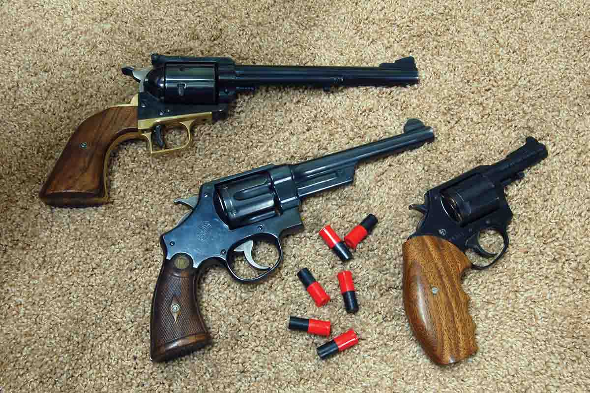 Some of the .44s used in testing the plastic training ammunition include a (1) Ruger Old Model Super Blackhawk, (2) Smith & Wesson Triplelock and an (3) original Charter Arms Bulldog.